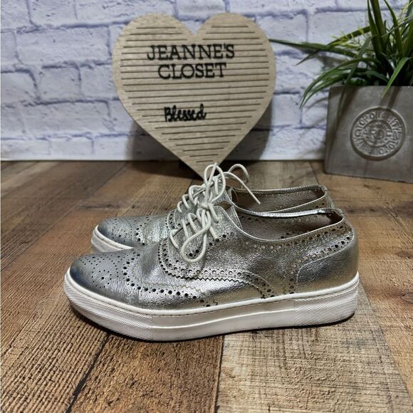Shellys London Platform lace up Shoes Metallic Silver Sneaker Made in Spain - Picture 10 of 12